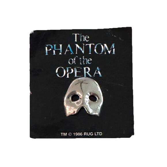 Vintage 1986 Phantom of The Opera Mask Lapel Enamel Pin Silver Tone on Card - Picture 1 of 5